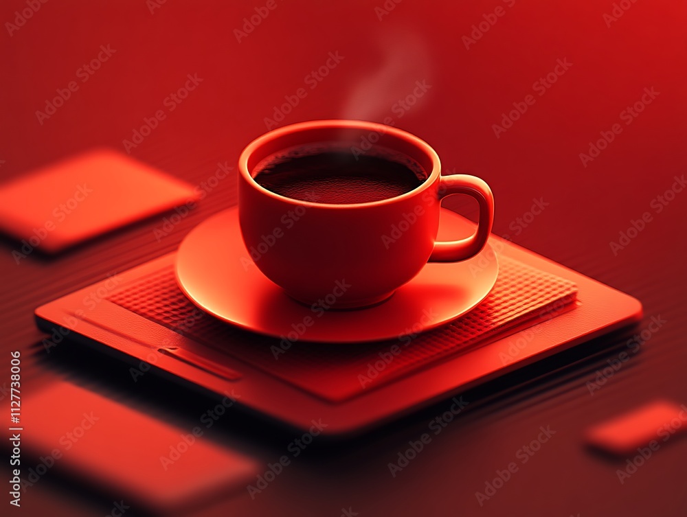 Red Coffee Cup On Red Saucer And Tray Red Coffee Cup On Red Saucer And Tray