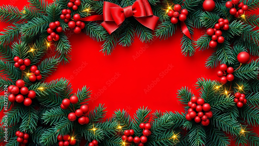Christmas Tree Frame, Gold Lights, Red Bow, Berries - Holiday Card Background Christmas Tree Frame, Gold Lights, Red Bow, Berries - Holiday Card Background