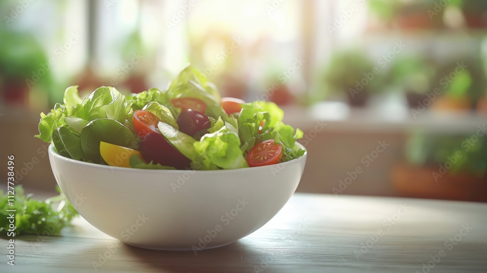 A vibrant bowl of fresh salad with lettuce, tomatoes, and peppers on a wooden table. A vibrant bowl of fresh salad with lettuce, tomatoes, and peppers on a wooden table.