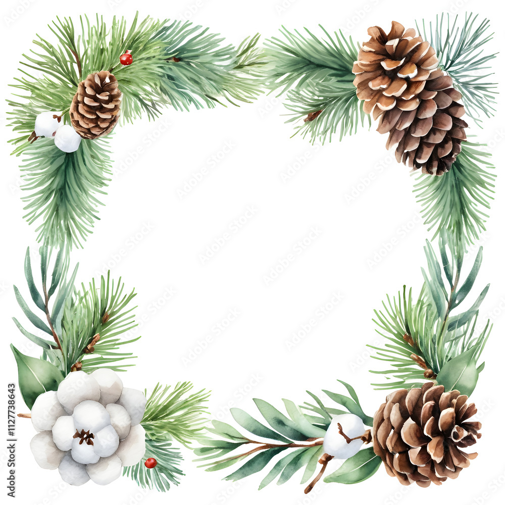 Fototapeta premium Merry Christmas watercolour decor greetings Happy New Year wishes and Xmas elegant Christmas card, with fir branches, pine cone, cotton, leaves, Botanical winter greenery holiday illustration white.