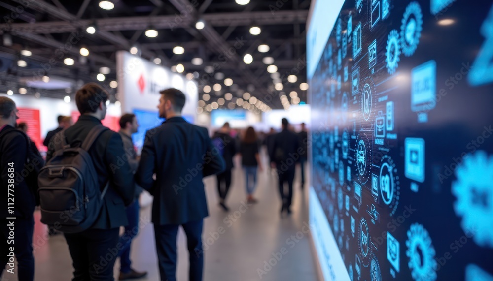 Fototapeta premium Busy tech expo. Attendees explore innovative tech exhibits. Interactive displays. Lively expo setting. Many people moving through hall. Futuristic tech concepts. Exciting atmosphere. Showcase of