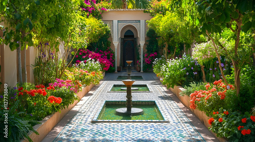 Fototapeta Naklejka Na Ścianę i Meble -  Marrakech Moroccan garden with tiled fountains and vibrant flowers, exotic cultural haven