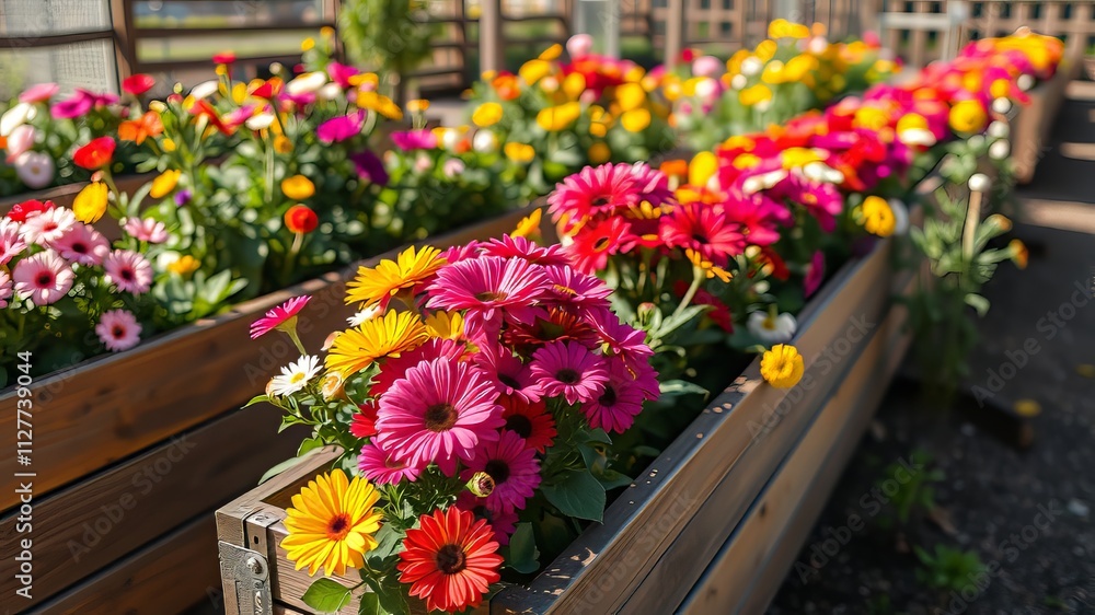 Fototapeta premium Colorful Community Garden Raised Planters Photorealistic AI Art