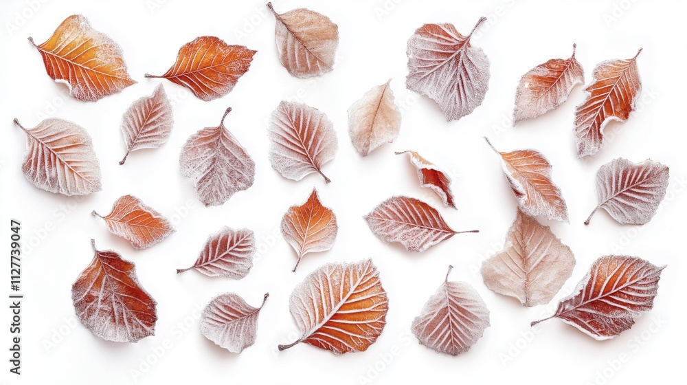 A collection of frosted autumn leaves in various shapes and sizes on a white background. A collection of frosted autumn leaves in various shapes and sizes on a white background.