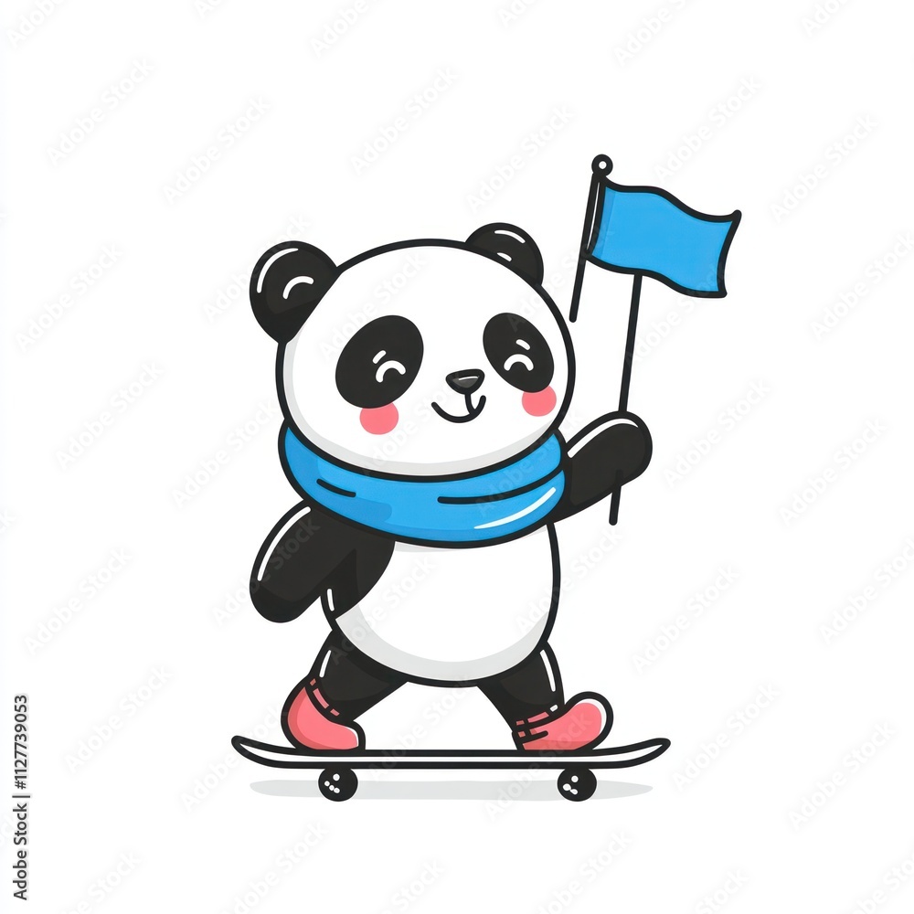 Cute panda skateboarding, wearing scarf, holding flag. Cute panda skateboarding, wearing scarf, holding flag.