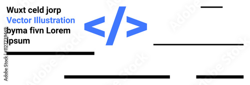 Blue HTML tag symbol with black text Wuxk celd jorp, Vector Illustration, and byma fivn Lorem ipsum plus black lines. Ideal for coding, web development, programming, IT education, software tutorials