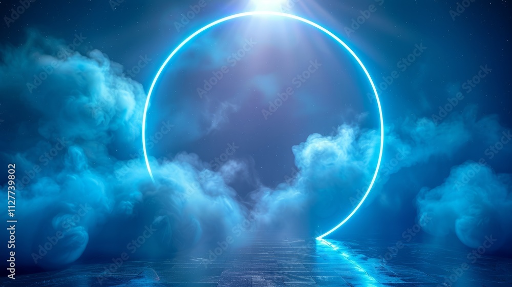 Glowing blue neon circle ring in smoky, dark background. Glowing blue neon circle ring in smoky, dark background.