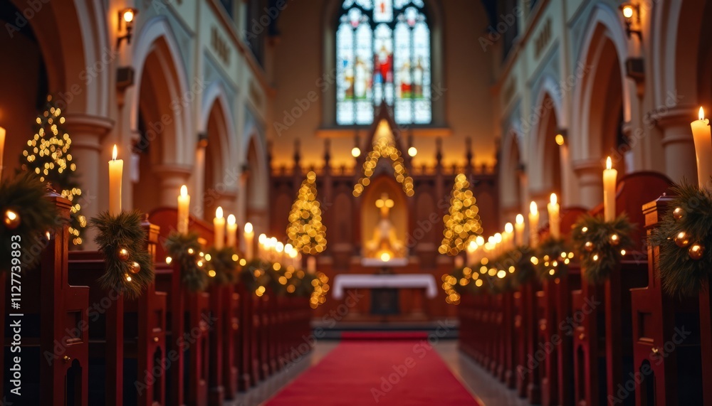 Fototapeta premium Church interior lit beautifully for Christmas Eve service. Candles glow warmly. Festive decorations adorn pews. Christmas trees in background. Religious atmosphere peaceful, celebratory. Special