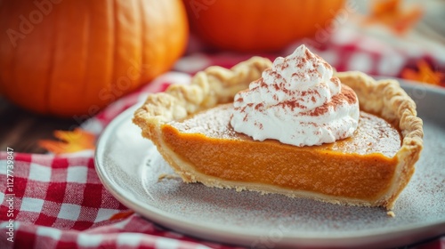 A slice of pumpkin pie in plate with decoration in Fall.