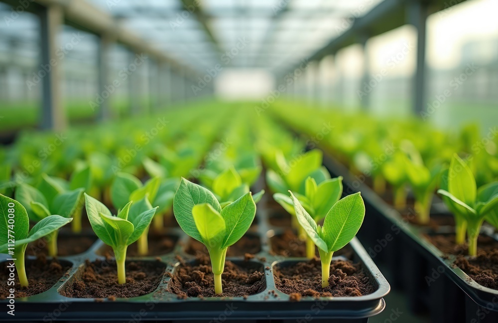 Green seedlings grow in trays inside greenhouse. Natural light illuminates young plants. Eco friendly farming in controlled environment. Horticultural seedlings growing. Healthy growth of plants. Eco Green seedlings grow in trays inside greenhouse. Natural light illuminates young plants. Eco friendly farming in controlled environment. Horticultural seedlings growing. Healthy growth of plants. Eco
