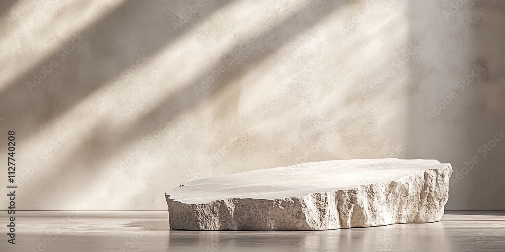 Minimalist stone podium against beige wall with sunlight. Minimalist stone podium against beige wall with sunlight.