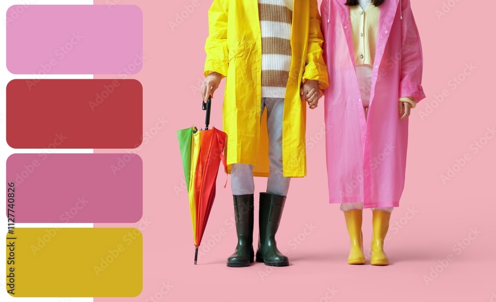 Young couple in raincoats and with umbrella on pink background. Different color patterns Young couple in raincoats and with umbrella on pink background. Different color patterns