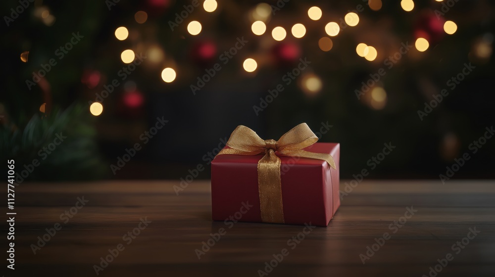 A red gift box with a gold ribbon on a wooden table, surrounded by festive holiday lights. A red gift box with a gold ribbon on a wooden table, surrounded by festive holiday lights.
