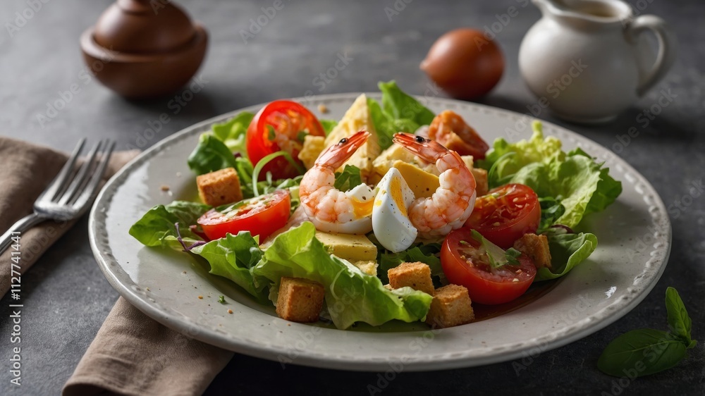 Shrimp and crouton salad with tomatoes and egg Shrimp and crouton salad with tomatoes and egg