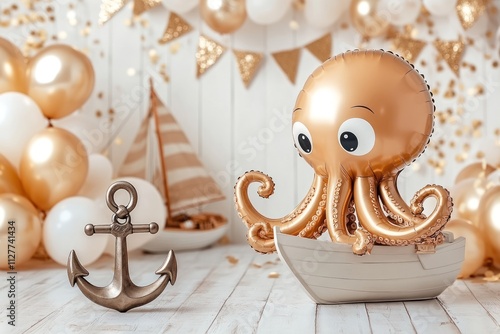 Gold octopus balloon in boat, nautical party decor. photo