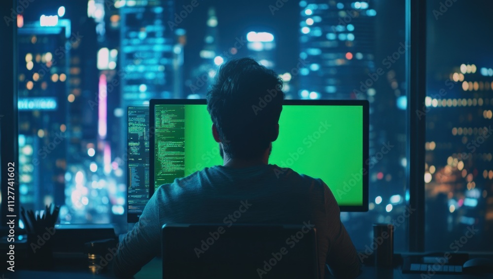 Programmer working late at night in front of a green screen monitor with a city view. Programmer working late at night in front of a green screen monitor with a city view.