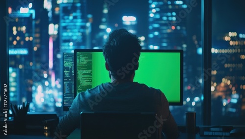 Programmer working late at night in front of a green screen monitor with a city view.