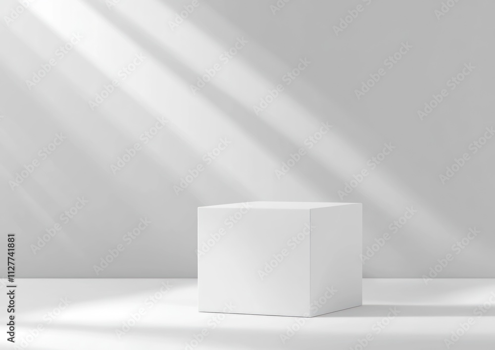 Minimalist white cube on a light grey background illuminated by sunlight. Minimalist white cube on a light grey background illuminated by sunlight.