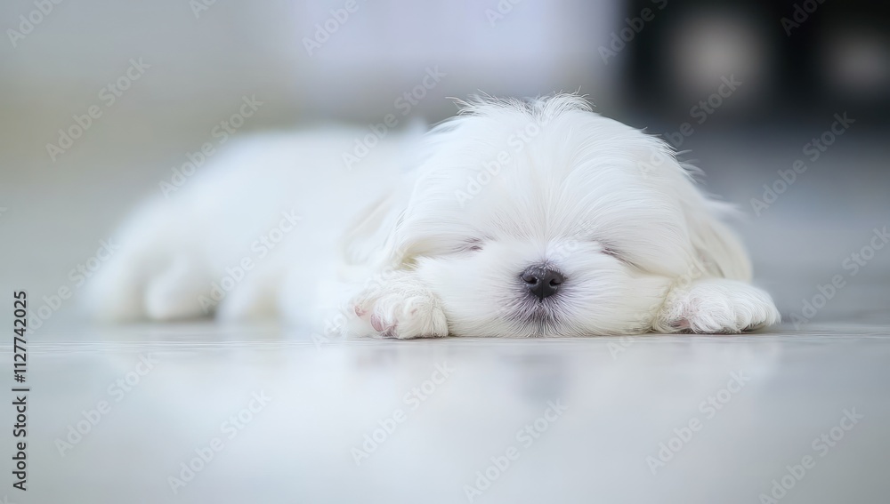 Adorable white puppy sleeping peacefully on floor. Adorable white puppy sleeping peacefully on floor.