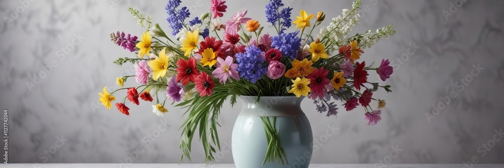 A mix of colorful spring flowers in a large vase on a smooth background, spring flowers, floral arrangement A mix of colorful spring flowers in a large vase on a smooth background, spring flowers, floral arrangement