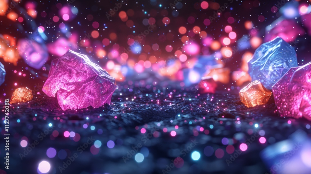 Glowing crystals scattered on dark surface with bokeh lights. Glowing crystals scattered on dark surface with bokeh lights.