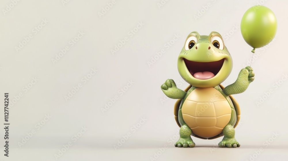 Happy cartoon turtle holding green balloon. Happy cartoon turtle holding green balloon.
