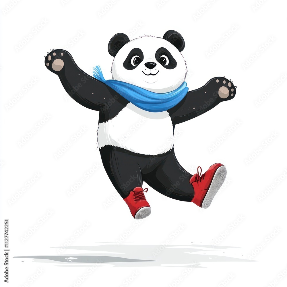 Happy jumping panda wearing a blue scarf and red shoes. Happy jumping panda wearing a blue scarf and red shoes.