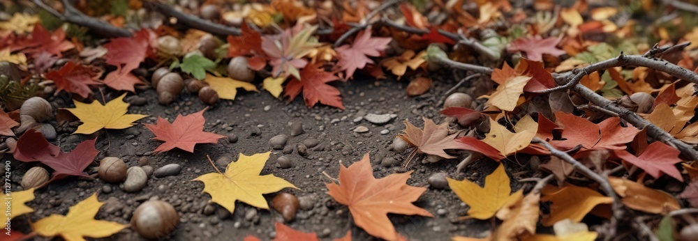 A close-up shot of vibrant fall leaves on the ground amidst fallen branches and acorns, botanical photography, organic elements A close-up shot of vibrant fall leaves on the ground amidst fallen branches and acorns, botanical photography, organic elements