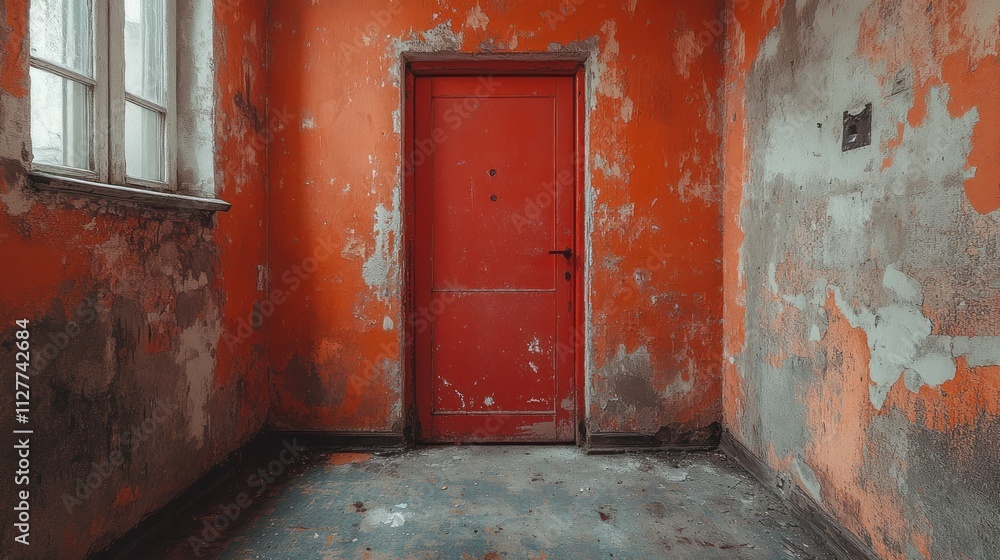 Red door in abandoned room with peeling paint. Red door in abandoned room with peeling paint.
