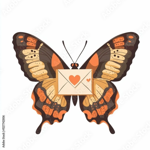 A vibrant illustration of a butterfly carrying a love letter, symbolizing love and communication. Ideal for romantic themes and creative projects. isolated on white background photo