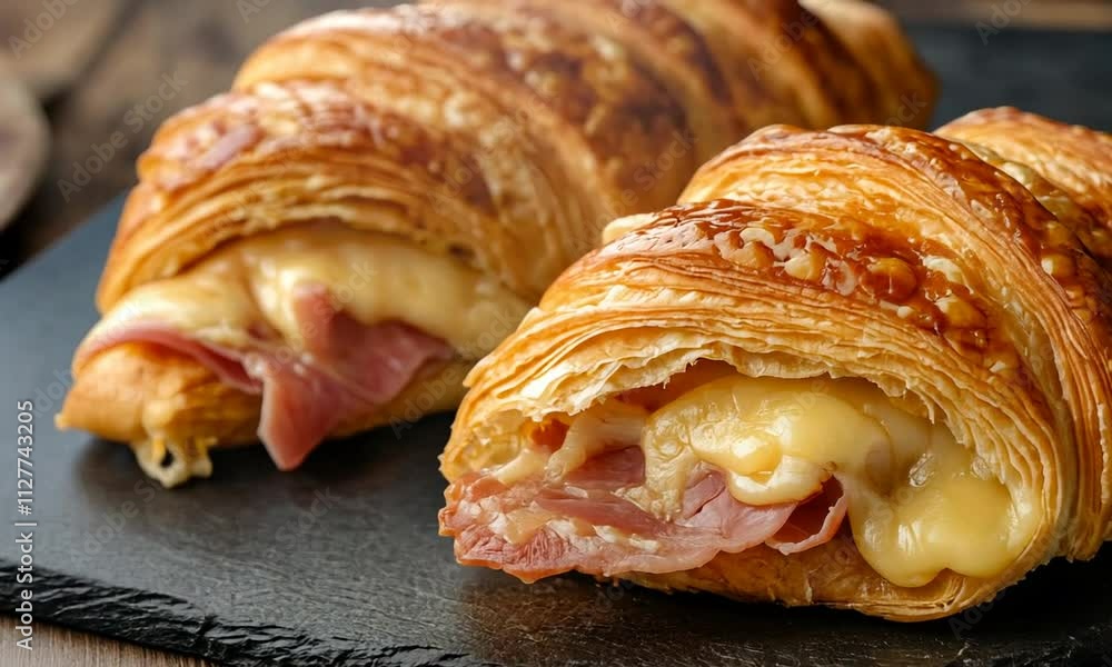 Flaky croissants filled with ham and cheese, served on a dark slate plate. Flaky croissants filled with ham and cheese, served on a dark slate plate.
