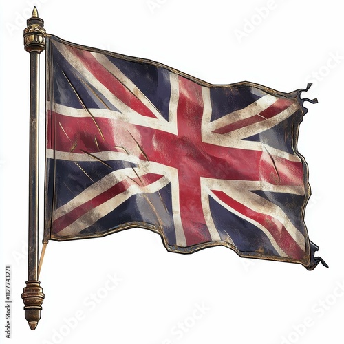 An elegantly designed British flag, known as the Union Jack, flutters gracefully. This iconic emblem represents the rich history and vibrant culture of the United Kingdom. isolated on white background photo