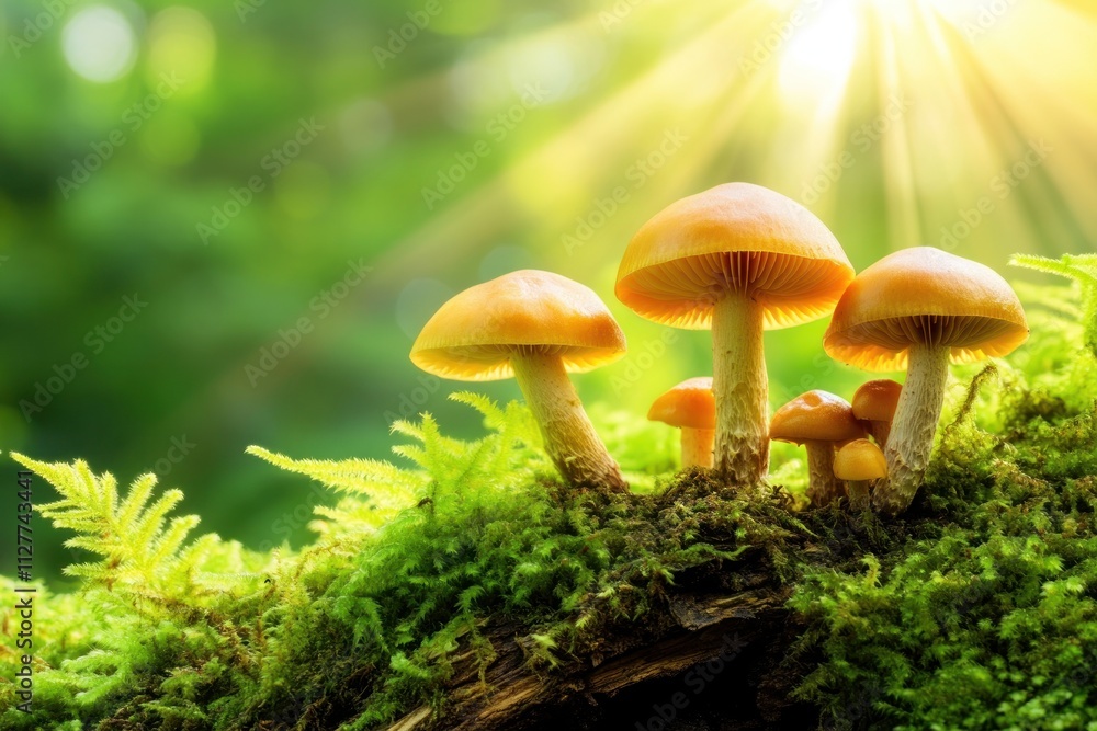 Sunlit mushrooms growing on mossy log in forest. Sunlit mushrooms growing on mossy log in forest.