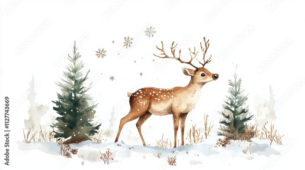 Deer in snow field. Winter theme background template for greeting card design. Deer in snow field. Winter theme background template for greeting card design.