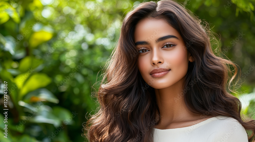 Indian woman with warm brown hair in soft waves set against a lush, outdoor garden Indian woman with warm brown hair in soft waves set against a lush, outdoor garden