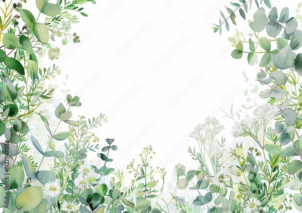 A beautifully designed frame of various green leaves and plants, perfect for botanical themes, nature projects, or personal invitations. Brighten your design with this artwork. isolated on white bg A beautifully designed frame of various green leaves and plants, perfect for botanical themes, nature projects, or personal invitations. Brighten your design with this artwork. isolated on white bg