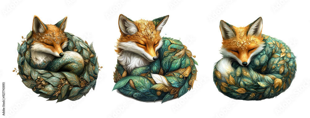 Sleeping Fox with Leaf Patterns on Transparent Background Sleeping Fox with Leaf Patterns on Transparent Background