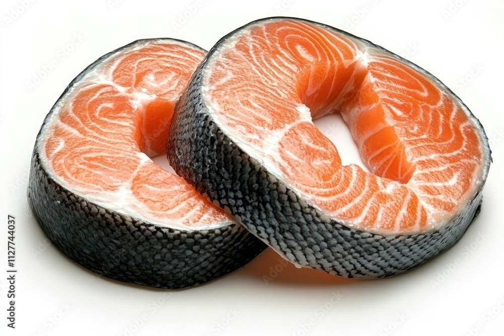 Two fresh salmon steaks, raw, close-up. Two fresh salmon steaks, raw, close-up.