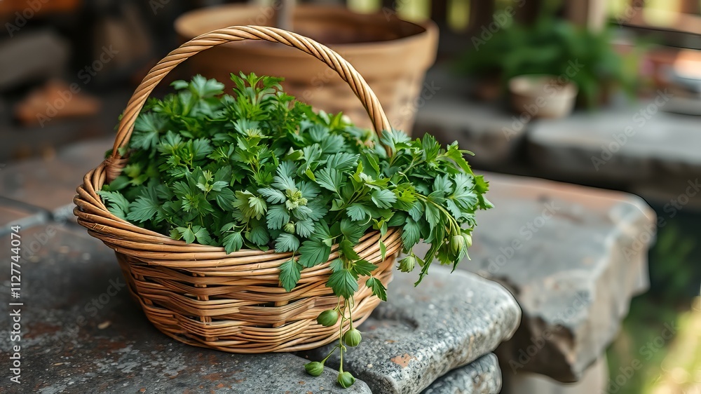 Farm Fresh Herbs, Stone Basket, Bright Sunlight, High Quality Image Farm Fresh Herbs, Stone Basket, Bright Sunlight, High Quality Image