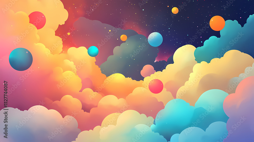 A vibrant cosmic scene featuring glowing spheres amidst colorful, nebulous clouds, evoking the beauty of the universe. Nebulous. Illustration A vibrant cosmic scene featuring glowing spheres amidst colorful, nebulous clouds, evoking the beauty of the universe. Nebulous. Illustration