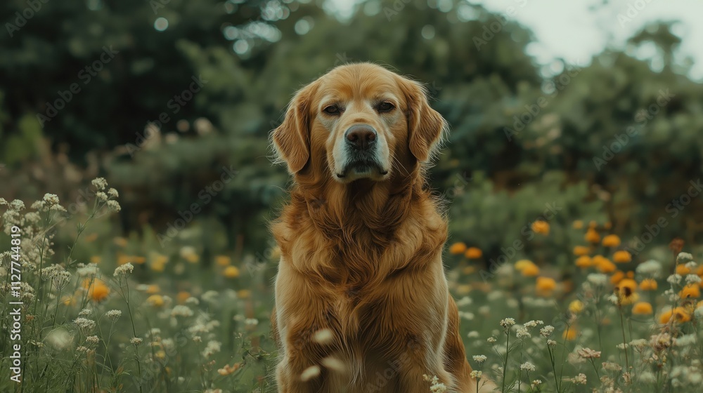A golden retriever sitting calmly among colorful wildflowers in a lush green field. A golden retriever sitting calmly among colorful wildflowers in a lush green field.