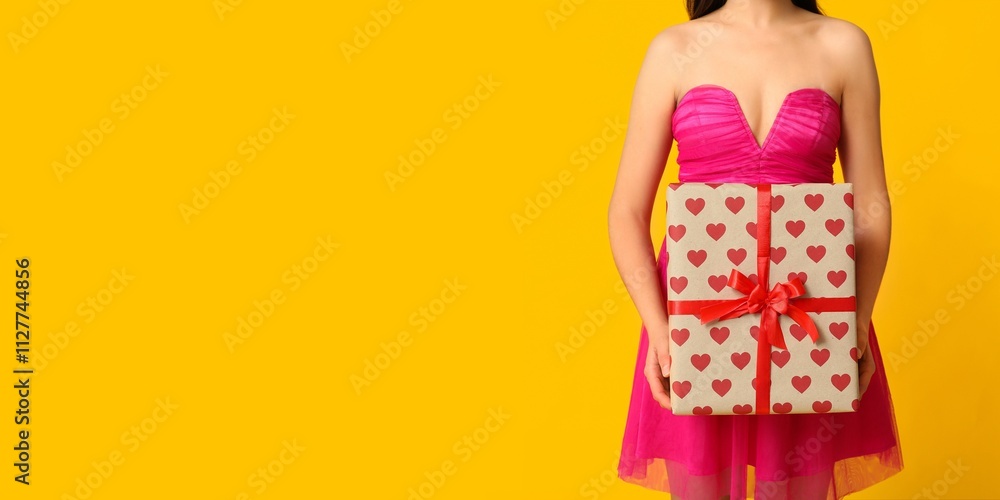 Beautiful young woman holding gift box on yellow background with space for text. Valentine's Day celebration Beautiful young woman holding gift box on yellow background with space for text. Valentine's Day celebration