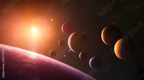 A vibrant space scene showcasing an array of purple-hued planets set against a nebulous star-filled background, capturing the universe's dynamic essence. Nebulous. Illustration photo