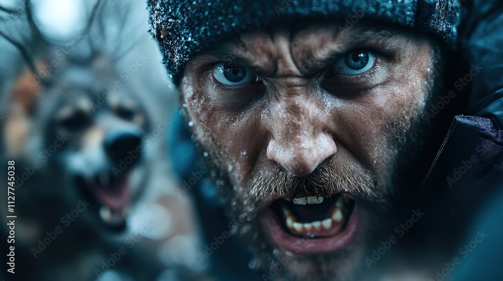 A man displays raw emotion while facing a snarling wolf in a tense forest setting, highlighting the struggle between humans and nature in a breathtaking moment. A man displays raw emotion while facing a snarling wolf in a tense forest setting, highlighting the struggle between humans and nature in a breathtaking moment.
