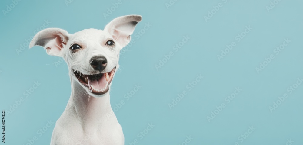 Happy white dog smiling on blue background. Happy white dog smiling on blue background.