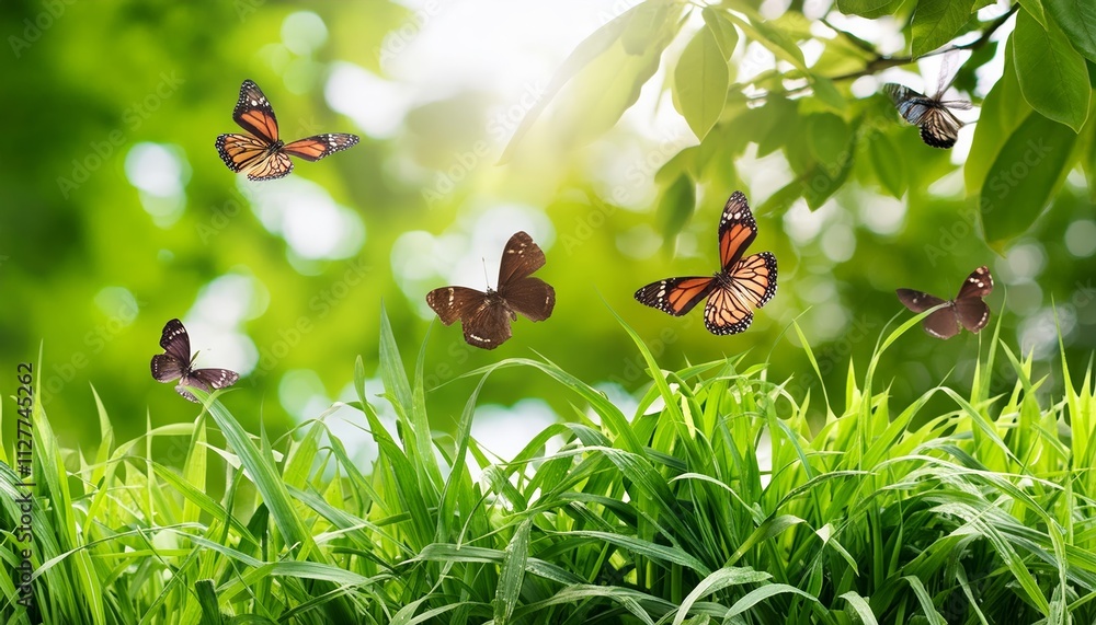 Vibrant Abstract Natural Background Featuring Delicate Butterflies Dancing Over Lush Green Grass - A Serene and Enchanting Scene Captured in .jpg Vibrant Abstract Natural Background Featuring Delicate Butterflies Dancing Over Lush Green Grass - A Serene and Enchanting Scene Captured in .jpg