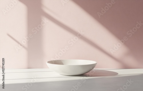 Empty white bowl on white surface, pink wall background, sunlight shadows.