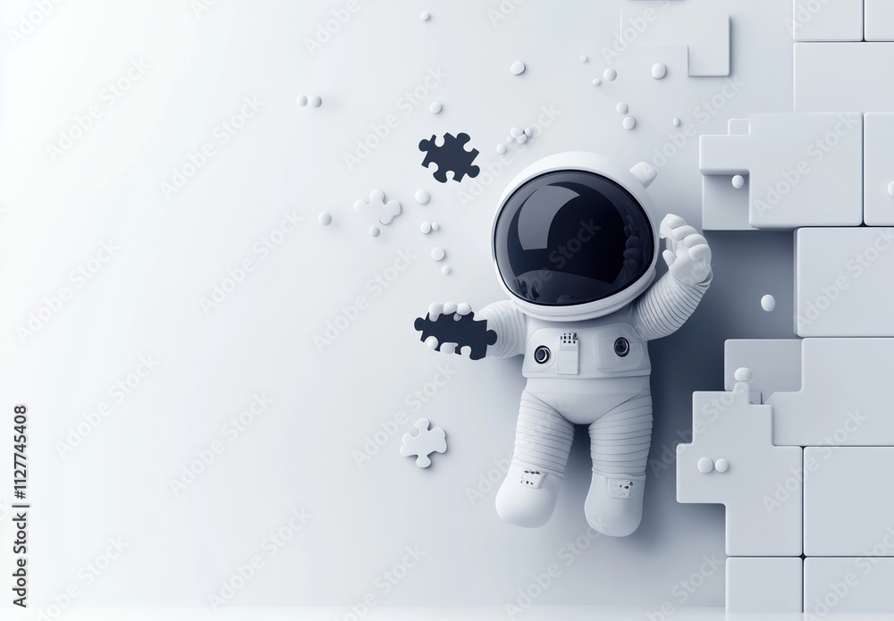Cute astronaut floating near puzzle pieces in space. Cute astronaut floating near puzzle pieces in space.