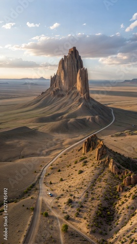 Aerial view of Ship Rock, an Iconic and religiously significant Navajo Nation monadnock, San Juan County, New Mexico, United States. photo