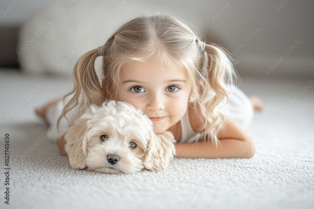 Adorable toddler girl cuddling fluffy puppy on carpet. Adorable toddler girl cuddling fluffy puppy on carpet.